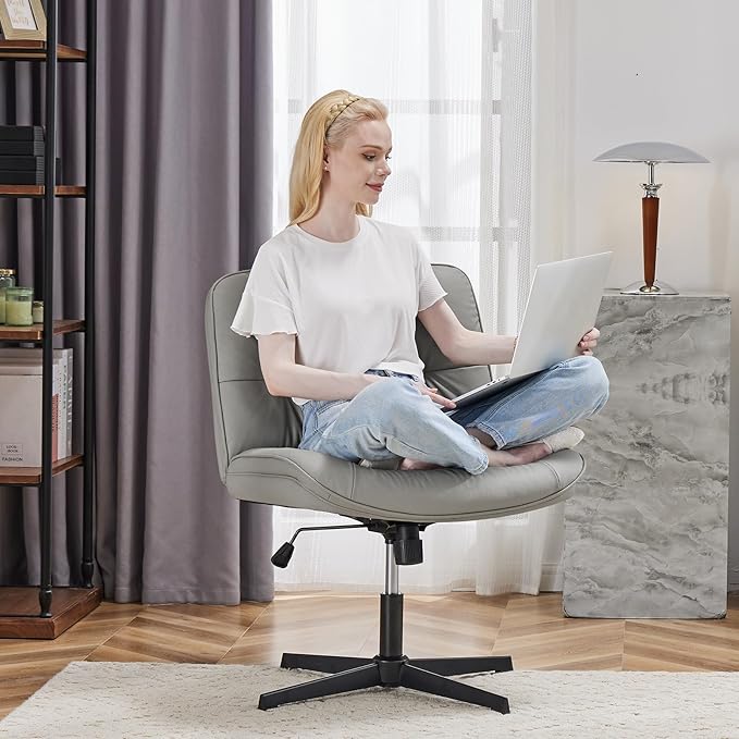OLIXIS Criss Cross Chair Without Wheels, Cross Legged Office Chair, Armless Wide Vanity Desk Chair with Comfy PU Leather& Back - Swivel for Home Office Bedroom, Gray