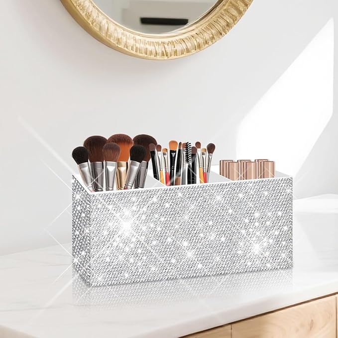 Bling Makeup Brush Holder Organizer, 3 Slot Sparkle Cosmetics Brushes Storage Holders with Shiny Rhinestones, Glitter Cute Pen and Pencil Holder for Desk, Eyeliners Display Case for Vanity(White)