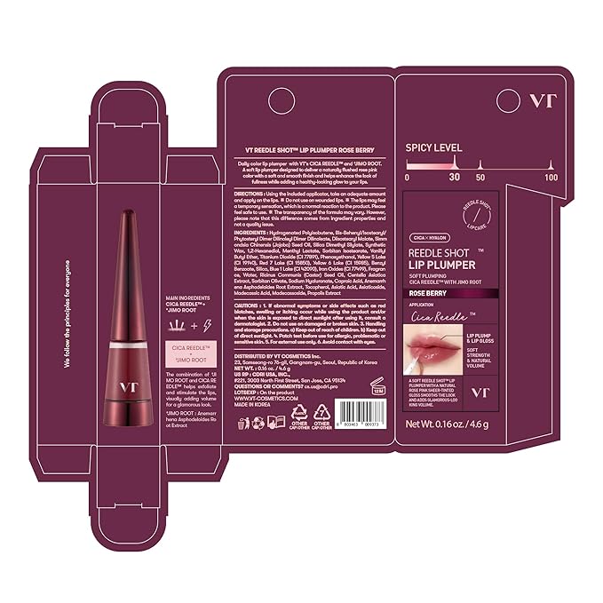 VT COSMETICS Reedle Shot Lip Plumper in Rose Berry, Hydrating Plumping Lip Gloss, High Shine Finish, Infused with Jojoba Oil & Hyaluronic Acid, Korean Beauty Makeup, 0.15 oz.