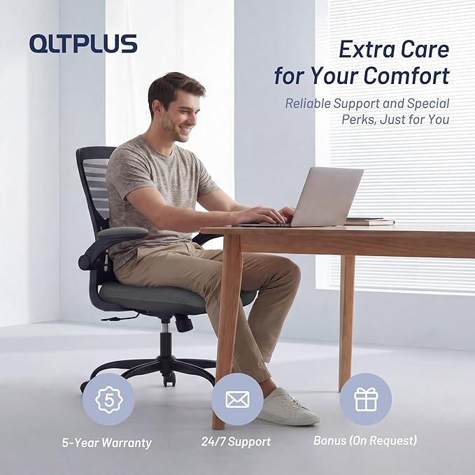 Office Desk Chair for Long Hours & Lower Back Pain Relief – 4“ Thick Molded Foam Cushion, Enhanced Lumbar Support, Padded Flip-up Armrests, Ideal for Office or Study, Dark Gray