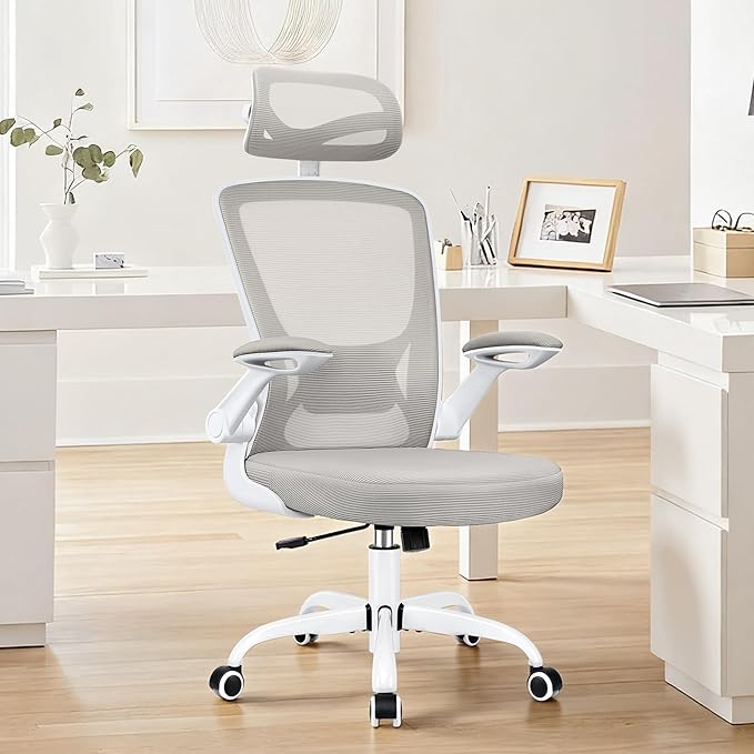 Office Desk Chair, Ergonomic Mesh Office Chair with Adjustable Lumbar Support, Headrest, Flip-up Armrests, Comfortable Computer Chairs for Home, Work, Gaming, (Light Gray, 4 Pack)