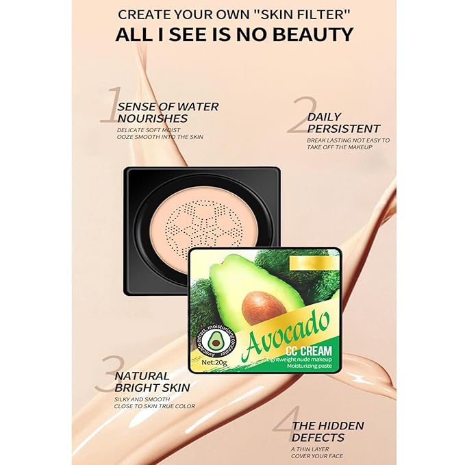 Air Cushion CC Cream Foundation Makeup, Avocado BB Cream for Mature Skin, Color Correcting CC Cream Long Lasting Waterproof Natural Full Coverage Foundation, Moisturizing Concealer (Ivory)