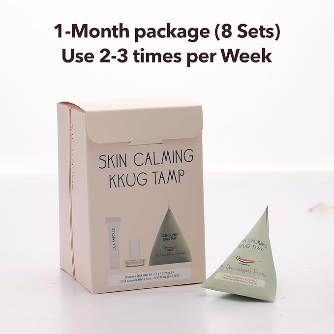 My Dermatologist's Vacation, SKIN CALMING KKUG TAMP – Double-Acting Beauty Device with Micropoint ESSENCE STICK & AMPOULE, Korean Skincare Facial Serum Kit, 8 Single-Use Sets (2 Pieces Per Use)