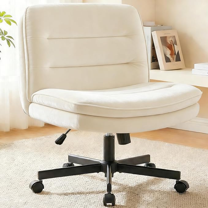 COMHOMA Cross Legged Office Chair with Wheels Armless-Office Desk Chair, Modern Vanity Computer Task Chairs for Home Bedroom, Comfortable Wide Seat for Lower Back Pain Relief, Soft Velvet, Beige