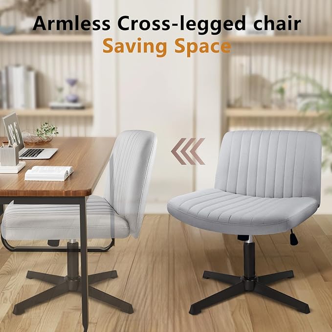 Criss Cross Chair, Armless Cross Legged Office Vanity Chair, Comfortable Fabric Wide Swivel Criss Cross Desk Chair for Home Office, Height Adjustable Vanity Criss Cross Chair with Back, Grey