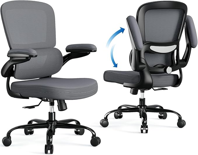 TRALT Ergonomic Office Chair - Desk Chair with Adjustable Lumbar Support Computer Chair - Mesh Comfy Chair with Flip-up Armrests - Gaming Chairs for Adults Home Office (PU Leather, Dark Grey)
