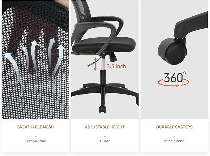 Home Office Chair Ergonomic Desk Chair Mid-Back Mesh Computer Chair Lumbar Support Comfortable Executive Adjustable Rolling Swivel Task Chair with Armrests(Black)