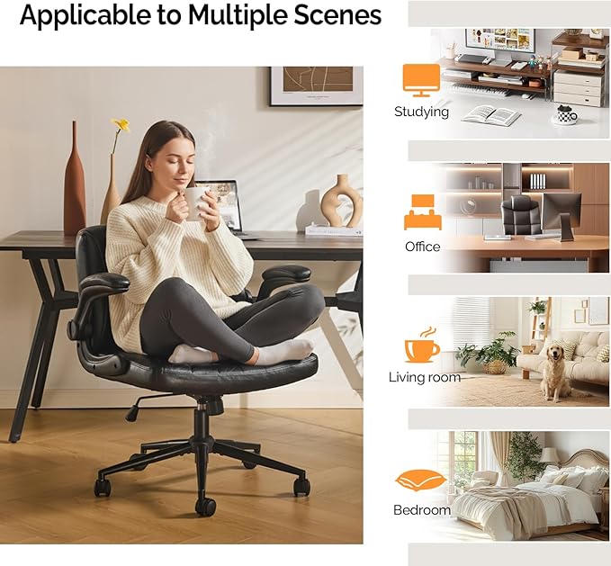 VINGLI Criss Cross Chair with Adjustable Flip-Up Arms,Cross Legged Chair with Wheels, Extra Wide Office Chair,Comfortable Desk Chair for Home Office, Vanity, Bedroom, PU Leather,Black