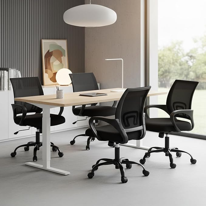 DUMOS Office Chair - Ergonomic Mid Back Mesh Desk Chair with Lumbar Support & Rocking Mode, Height Adjustable with Fixed Armrest, Computer, Gaming, Conference, 360° Swivel, Black
