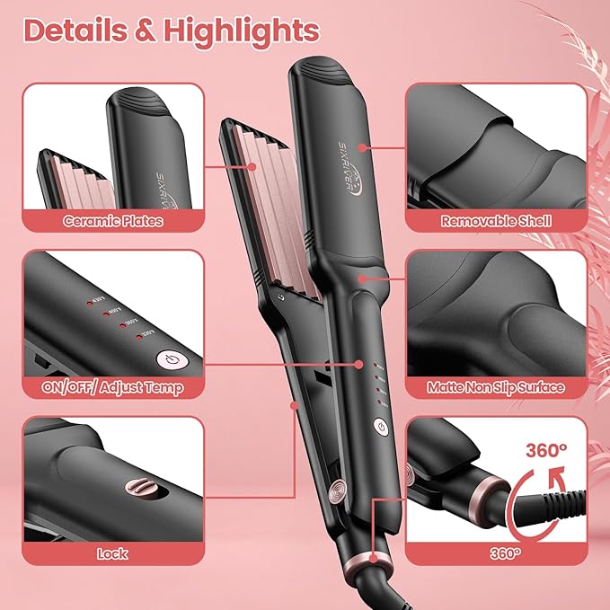 Hair Crimper for Women, 4 in 1 Flat Crimping Iron Plates Ceramic Waver Hair Tool, Hair Straightener Curling Iron with 15s Fast Heating, Rose Gold