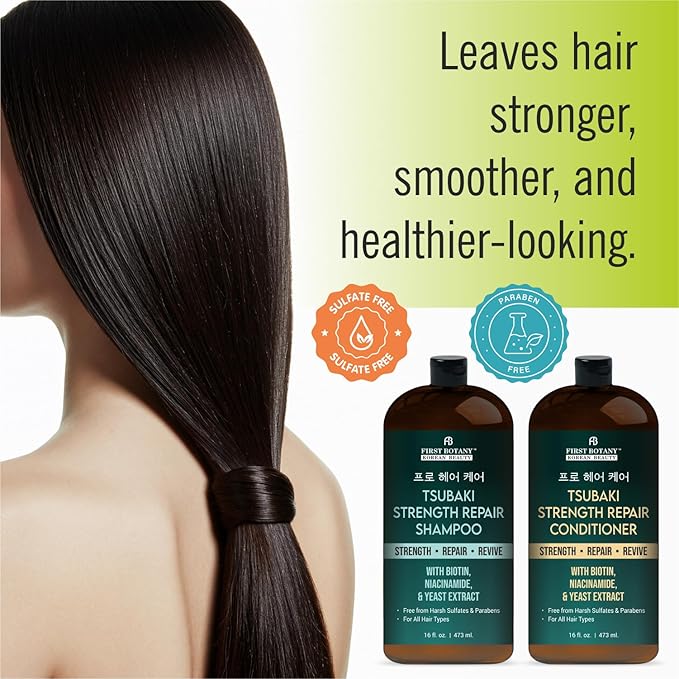 Tsubaki Strength Repair Shampoo & Conditioner Set – With Tsubaki, Biotin, Niacinamide & Yeast Extract - Revives Damaged Hair Promotes Hair growth – Sulfate & Paraben Free for All Hair Types 16 fl oz
