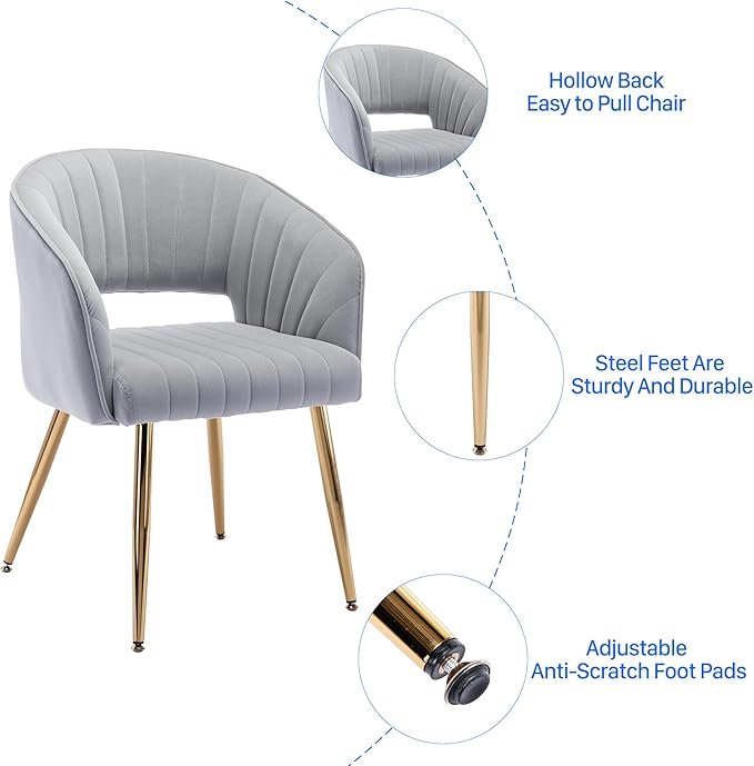 Home Office Chair Velvet Desk Chair Accent Armchair Upholstered Modern Tufted Chairs with Gold Legs for Girls Women Ergonomic Study Seat Computer Task Stools for Living Room(Light Gray)