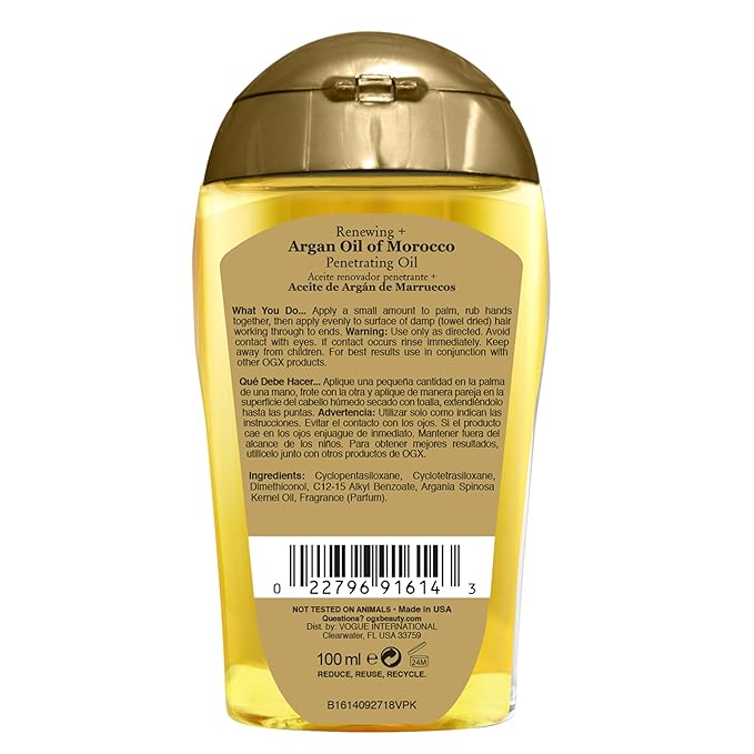 OGX Renewing + Argan Oil of Morocco, Cold-Pressed Argan Oil for Hair Penetrating Treatment & Shine, Moisturizing & Strengthening Silky Oil for All Hair Types, Paraben & Sulfate Free, 3.3 fl oz | Renewing, Moisturizing, Strengthening, Silky Oil, All Hai...