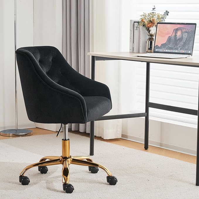 MOJAY Velvet Office Swivel Chair, Vanity Fabric Desk Pretty Fancy Gold Office Chairs for Girls, 360°Swivel Height Adjustable Reception Chair (Black)