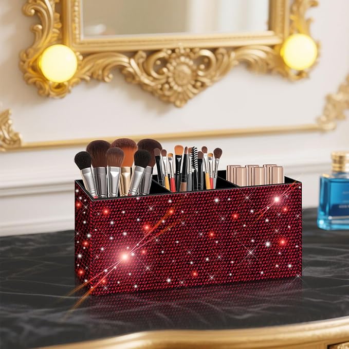 Bling Makeup Brush Holder Organizer, 3 Slot Sparkle Cosmetics Brushes Storage Holders with Shiny Rhinestones, Glitter Cute Pen and Pencil Holder for Desk, Eyeliners Display Case for Vanity(Wine Red)
