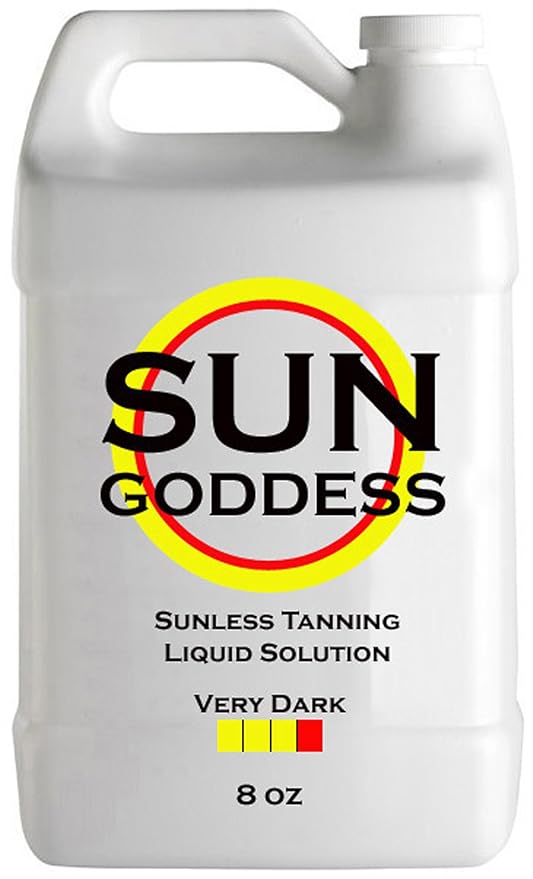 SUN GODDESS – VERY DARK - Spray Tan Solution - 8 oz - Sunless Self Tanning Liquid for Airbrush or HVLP System + INCLUDES: Applicator Mitt, Application Gloves, Best Fake Tanner Lotion Mousse Sample