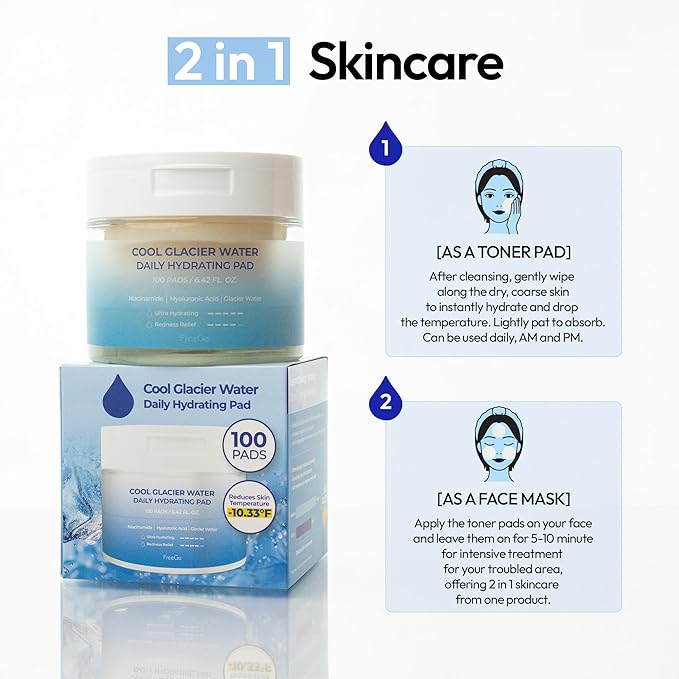 FreeGo Cool Glacier Water Daily Hydrating Pad (100 Pads), K-Beauty Korean Skincare Facial Toner Pads for Puffy Dehydrated Skin, Instant Cooling Hydration, Korean Skin Care for Dark Spots