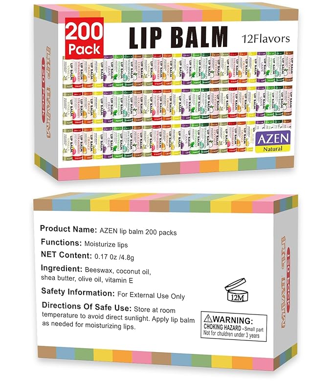 AZEN 200 Pack Lip Balm, Natural Lip Balm Bulk, Lip Care Product, Moisturizing Lip Balms for dry cracked lips, Valentines Gifts Easter Basket Stuffers - 12 Flavors