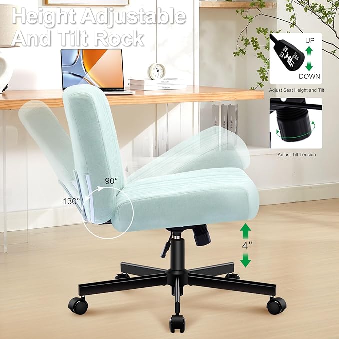Criss Cross Chair with Wheels,Thick Padded Fabric Cross Legged Office Desk Chair with Pocket Springs Cushion,Dual-Purpose Base,Wide Adjustable Computer Home Office Vanity Chair,Mint Green