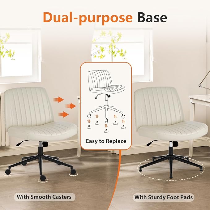Sweetcrispy Criss Cross Chair Legged, Armless Office Desk Chair with Wheels, PU Leather Swivel Vanity Height Adjustable Wide Seat Computer Task Seating - Beige