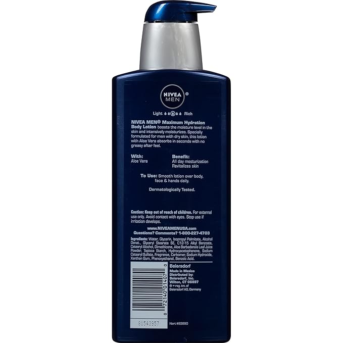 NIVEA MEN Maximum Hydration 48-Hour Moisture Body Lotion for Dry Skin, Aloe Vera Lotion for Men, 3-in-1 Body, Face and Hands, Dermatologically-Tested, 16.9 Fl Oz Bottle