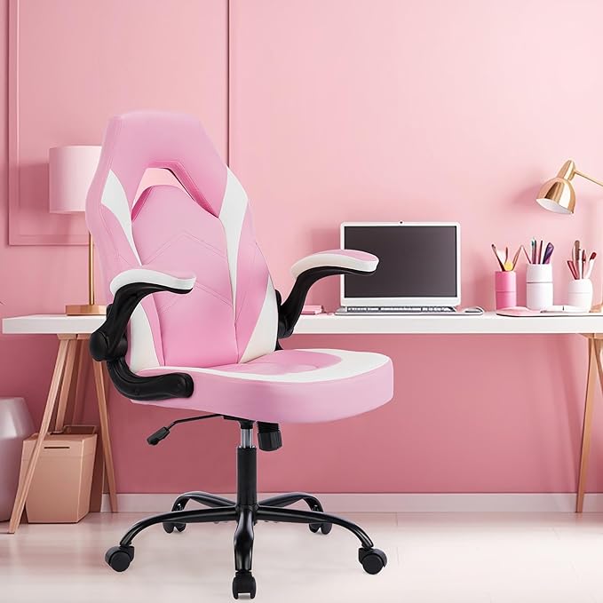 NEWBULIG Computer Gaming Desk Chair - Big Tall Ergonomic Lumbar Support with Flip-up Armrest and 360° Swivel Wheels, PU Leather Height Adjustable, for Home and Office, Pink