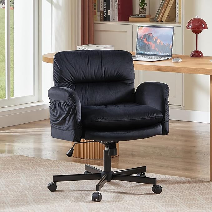 Bestier Criss Cross Office Chair with Flip-Up Armrests, Swivel Makeup Vanity Chair with Wheels & Side Pockets, Cross Legged Office Chair for Home Office, Bedroom, Black Velvet