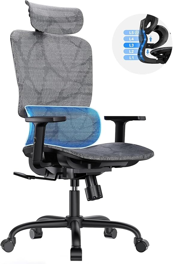 HUANUO Ergonomic Mesh Office Chair with 5-Level Lumbar Support, Computer Gaming Chair with Adjustable Headrest & Armrests, Rocking Tilt, Comfortable High Back Desk Chair for Home Office,2 Pack