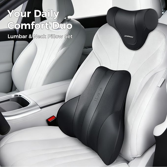 Coverado Car Headrest Pillow, Ergonomic Memory Foam Car Neck Pillow for Driving Seat with Adjustable Strap, Soft PU Leather Breathable Removable Cover Neck Support for Neck Pain Relief
