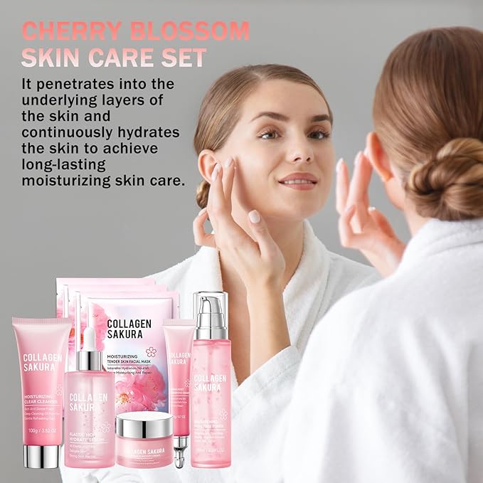 8PCS Sakura Skin Care Set with Cleanser,Serum,Toner,Face Cream,Eye Cream and Facial Sheet Masks,Hydrating Travel Size Skincare Gift Set,Moisturizing Facial Kit for Women