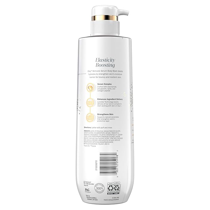 Olay Body Wash for Women, Elasticity Boosting, Collagen Peptide Serum Complex, Renews Moisture, Free of Parabens & Phthalates, Vitamin B3 Lameller Technology, For All Skin Types, 20 fl oz