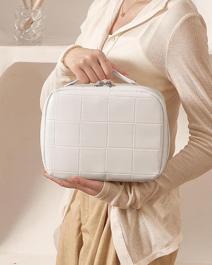 EACHY Travel Makeup Bag, Large Capacity Cosmetic Bag for Women, Waterproof PU Leather, Flat Open Portable Toiletry Bag for Skincare, Brushes & Travel Essentials