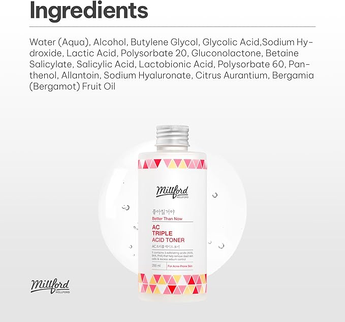 AC Triple Acid Toner 6.76 Oz, 200ml, AHA/BHA/PHA Exfoliating Daily Face Toner, Salicylic Acid, Oily Skin