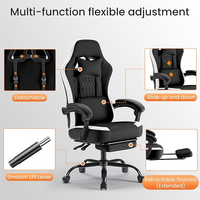 NEWBULIG Gaming Desk Chair - High Back Computer Office Chair with Footrest and Headrest, Comfy Ergonomic Lumbar Support with Linkage Armrests, Height Adjustable and 360° Swivel Wheels, Black