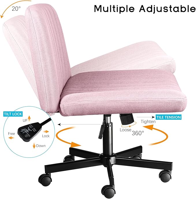 PUKAMI Criss Cross Chair,Comfy Cross Legged Office Desk Chair No Wheels,Modern Fabric Swivel Adjustable Height Mid Back Wide Seat for Home Office Computer (Pink with Wheels)