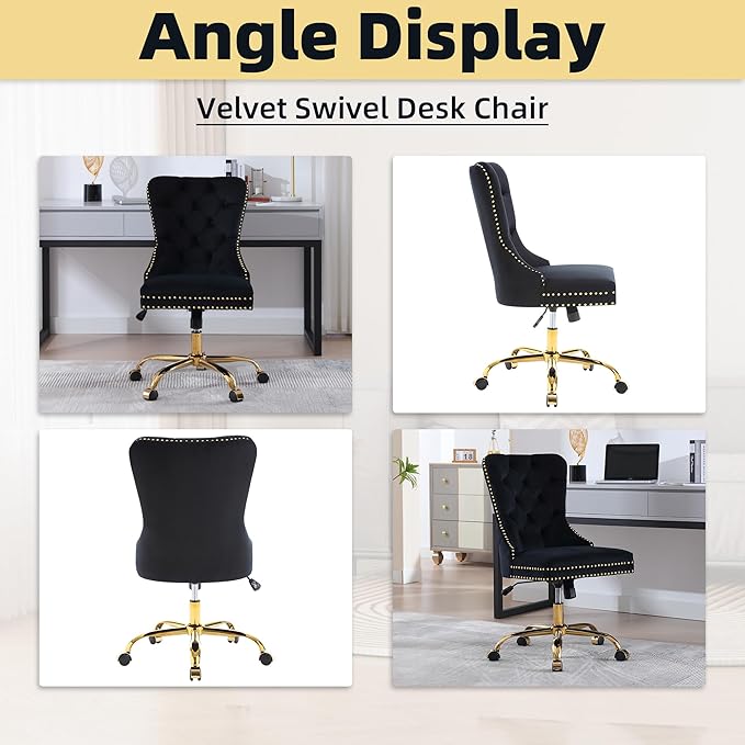 Velvet Desk Chair with Wheels, Gold Office Chair Armless Swivel Chair with Tufted High Back Rivet Trim, Comfy Upholstered Ergonomic Computer Chair for Bedroom, Black