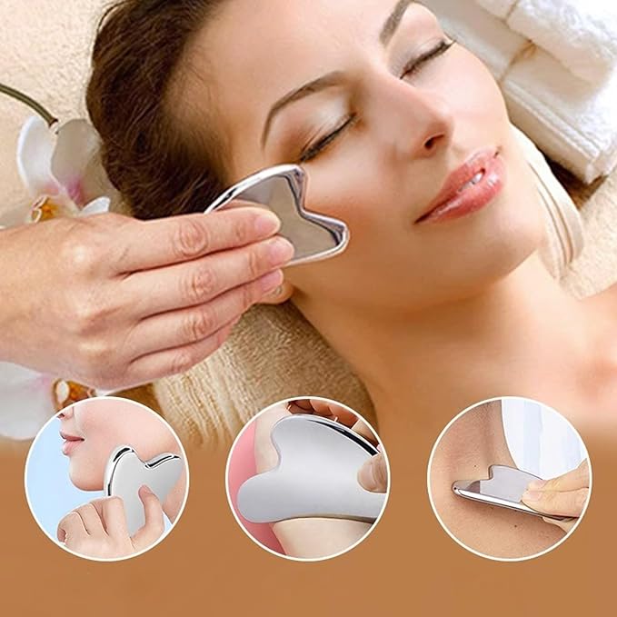 Stainless Steel Gua Sha Facial Tools Guasha for Face Metal Gua Sha Tighten Skin Massage Guasha Beauty Tool for Body Eyes Neck Massager with Travel Pouch Skin Care Gifts (Silver)