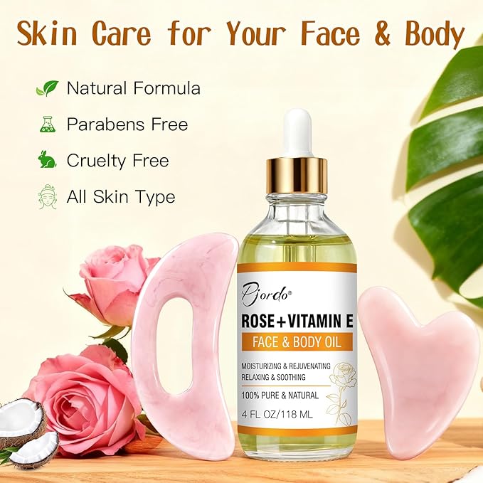 Vitamin E Rose Oil & Gua Sha Massage Tools Set, Gua Sha Oil for Face & Body, Organic Vitamin E Oil for Moisturizing and Hydrating, Anti Aging, Self Skin Care Gifts for Her Women