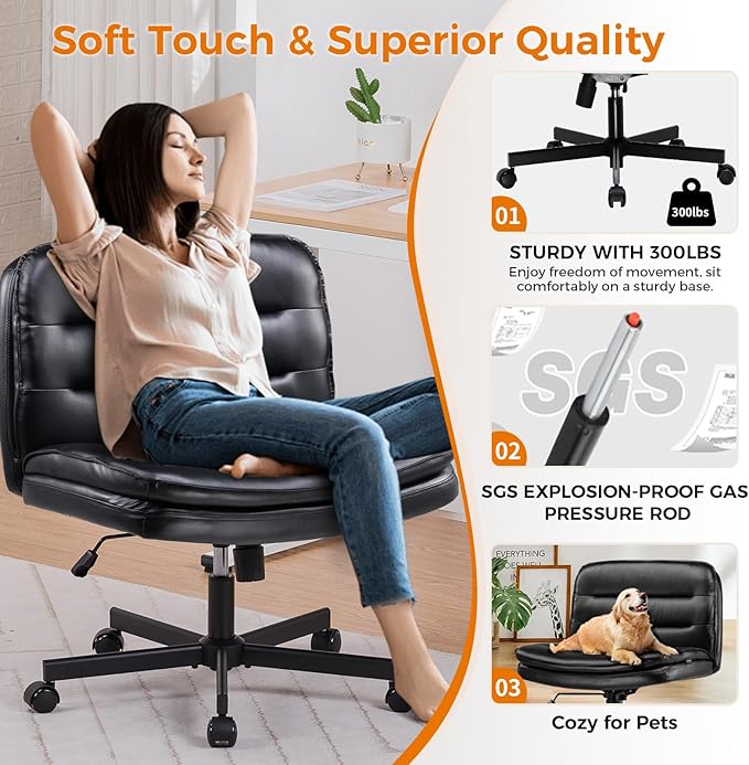 COMHOMA Criss Cross Chair with Wheels Armless Cross Legged Office Chair Wide Home Office Desk Chair Swivel Comfy Vanity Desk Chair Height Adjustable Mid Back Wide Seat Computer Task Chair