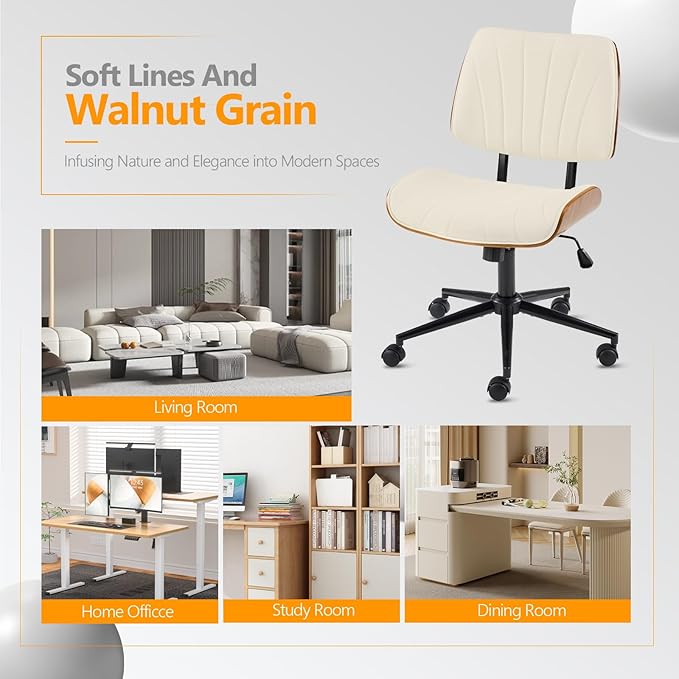 VINGLI Wide Curved Seat&Back Armless Home Office Chair,Ergoromic Adjustable-Height Desk Chair,Swivel&Tilting Function,Stylish Walnut Task Chair for Meeing Room,Dining Room,PU,Khaki