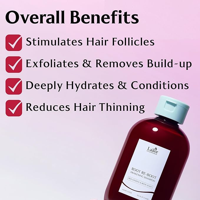 LADOR Root Re-boot Refreshing Hair Loss Relief Shampoo Awakening w/Biotin Red Ginseng & Beer Yeast - Shine, Deep Cleansing for Normal Hair, Korean Haircare 10oz