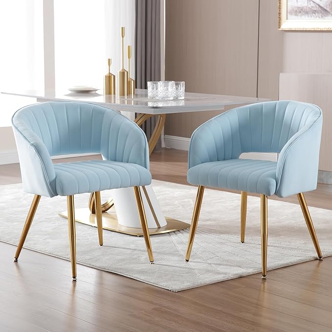 Westice Velvet Home Office Desk Chair Set of 1, Modern Tufted Vanity Chairs with Gold Metal Legs, Upholstered Accent Armchair for Living Room Restaurant, Light Blue