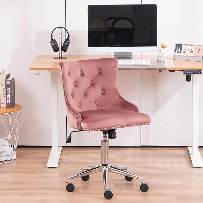 VINGLI Velvet Office Chair - Modern Upholstered Desk Chair with Adjustable Height, Tilting Mechanism, and Rolling Wheels - Pink
