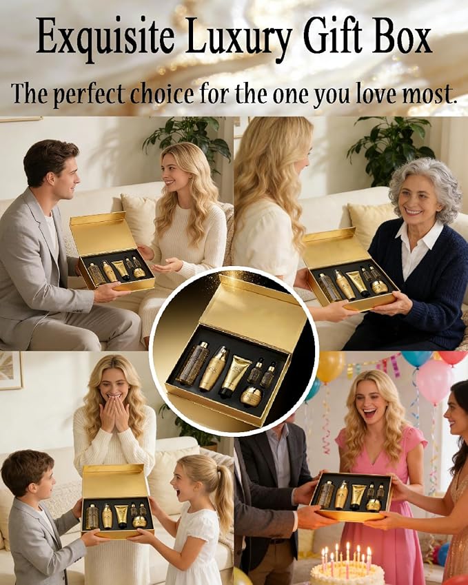 24K Gold Skin Care Set for Women, 6-Piece Collection Anti-Aging Skincare Kit: Facial Cleanser 100g, Toner 300ml, Essence Milk 100ml, Face Cream 50g, 2 Serums 15ml for Valentine's Day, Mother's Day
