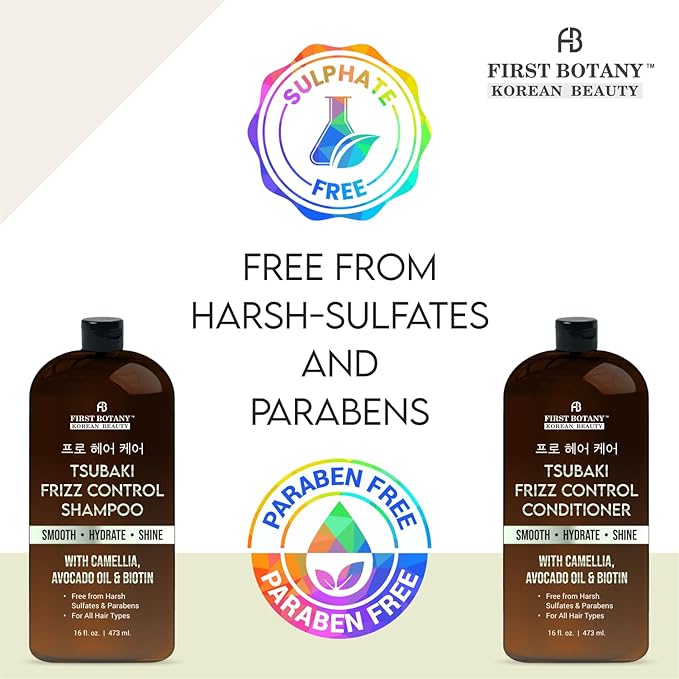 Korean Frizz Control Shampoo & Conditioner Set – Tsubaki Anti Frizz Hair Products for smooth, salon-worthy results- Sulfate Free, Hydrating & Smoothing for All Hair Types- 16 fl oz