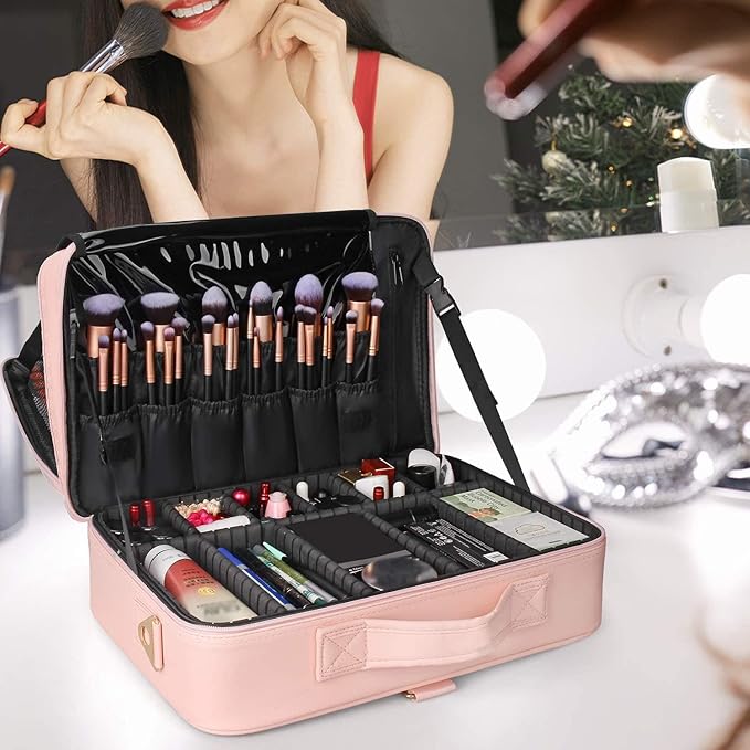 MONSTINA Cosmetic Bags 3 Layer Cosmetic Organizer Makeup Case Beauty Artist Storage Brush Box with Shoulder Strap (Large, PU Leather pink)