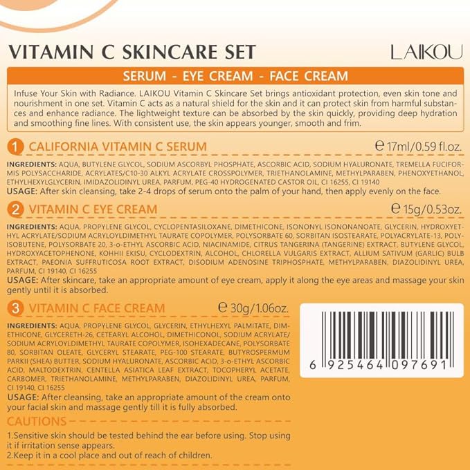 LAIKOU Vitamin C Skin Care, Skin Care Set with Serum, Eye Cream, Face Cream for Women Teen Girls Mom Daughter Mother's Day Christmas Birthday Beginner Kit TSA-friendly 3pcs