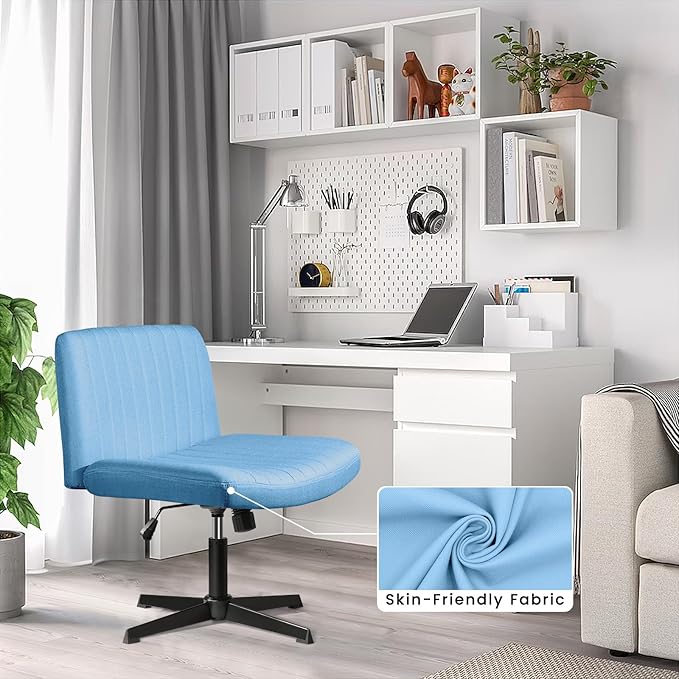 PUKAMI Criss Cross Chair,Comfy Cross Legged Office Desk Chair No Wheels,Modern Fabric Swivel Adjustable Height Mid Back Wide Seat for Home Office Computer (Blue)