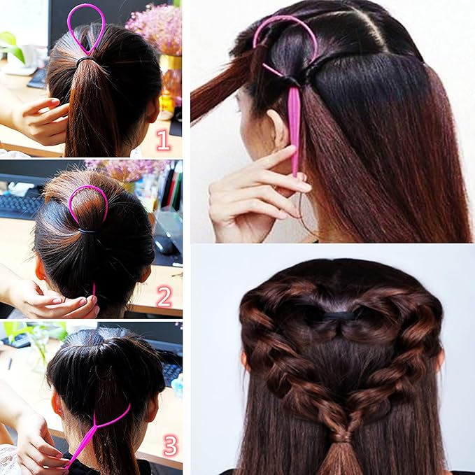 Topsy Tail Hair Tools,6Pcs Hair Loop Styling Tool Set with 2Pcs Metal Pin Rat Tail Comb (black) 4Pcs French Braid Tool Loop (Pink, purple)for Woman,Girls Hair Styling,100pcs Hair Elastic Rubber Bands