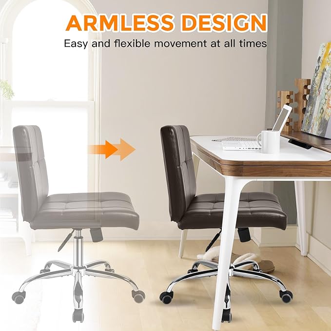 360° Office Desk Chair,PU Adjustable Rolling Task Chair with Backrest for Barber,Office,Home, Computer,360° Swivel,Armless,desk chair without arms,office chair 400+ lb weight capacity(Widened Brown)